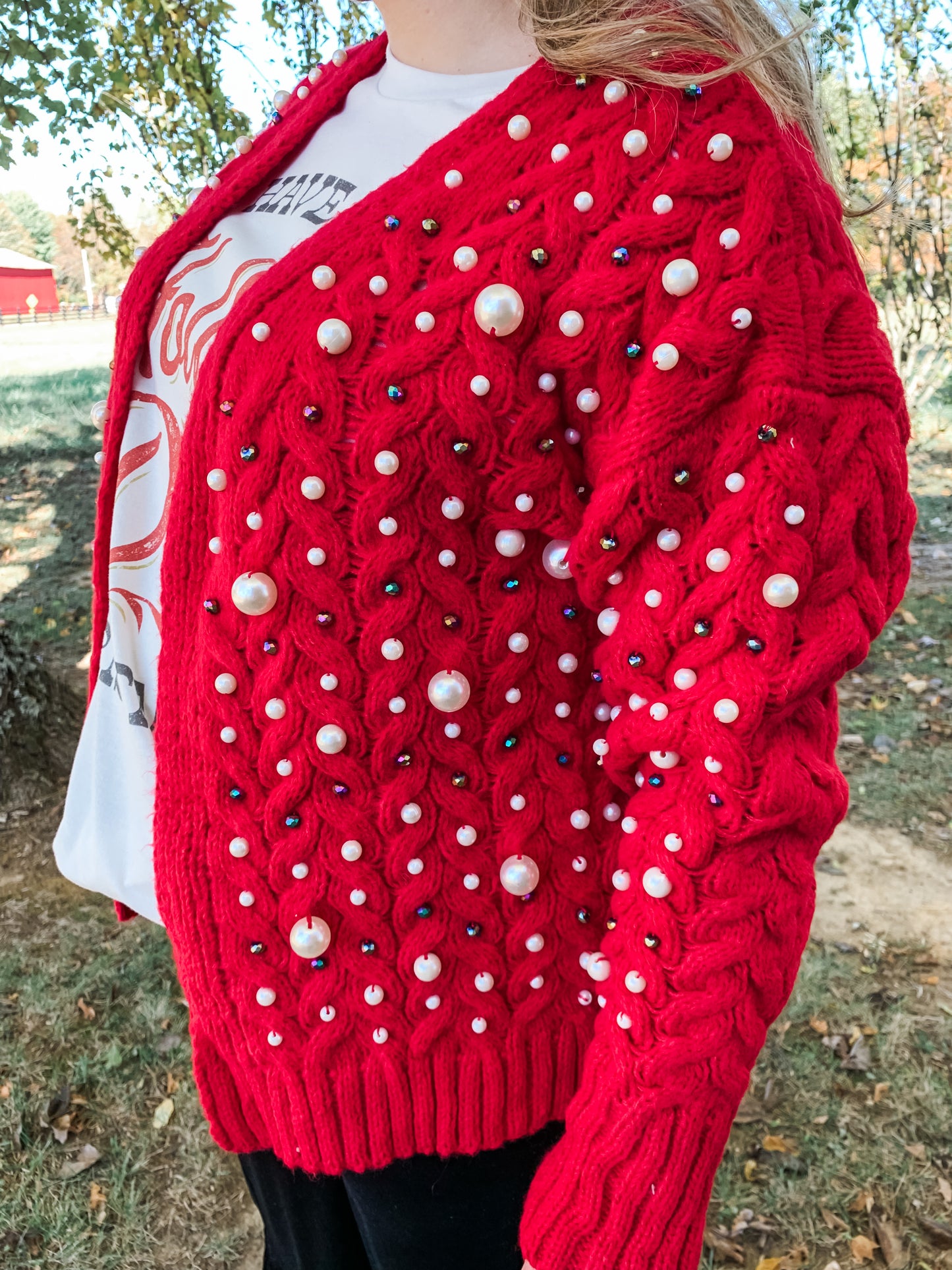 Red Knitted Cardigan With Multi-size Pearl Details