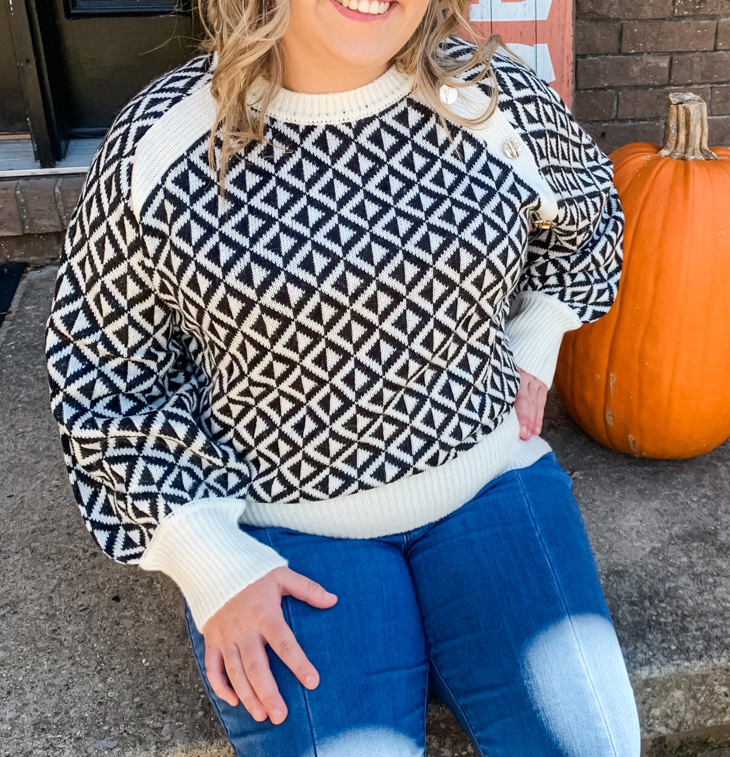 Black and White Pattern Sweater with Button Details