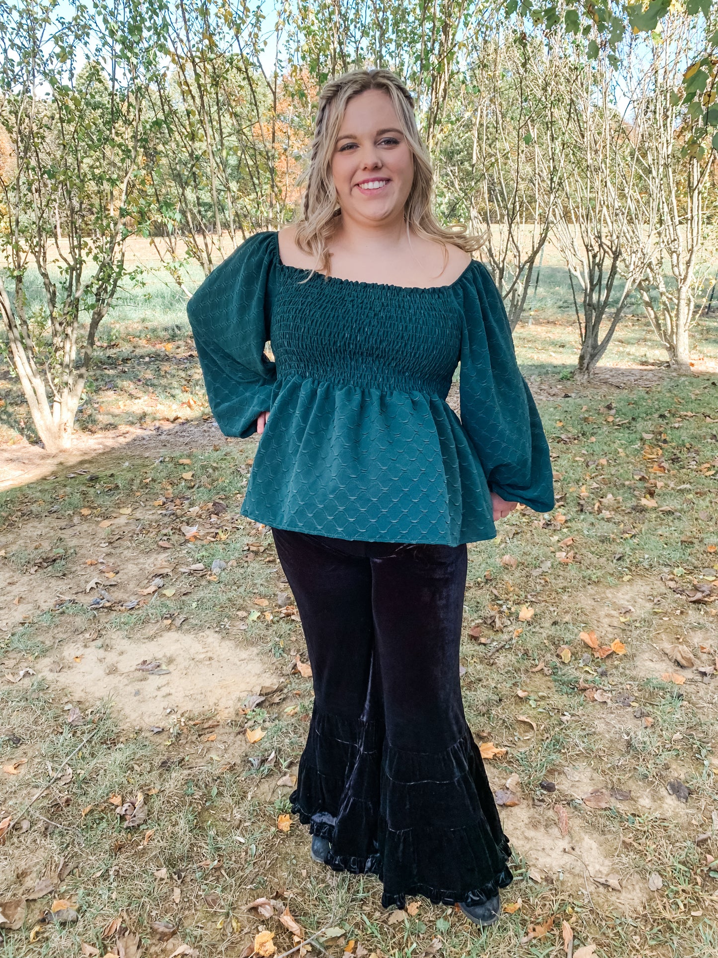 Hunter Green Bubble Long Sleeve Top Clearance