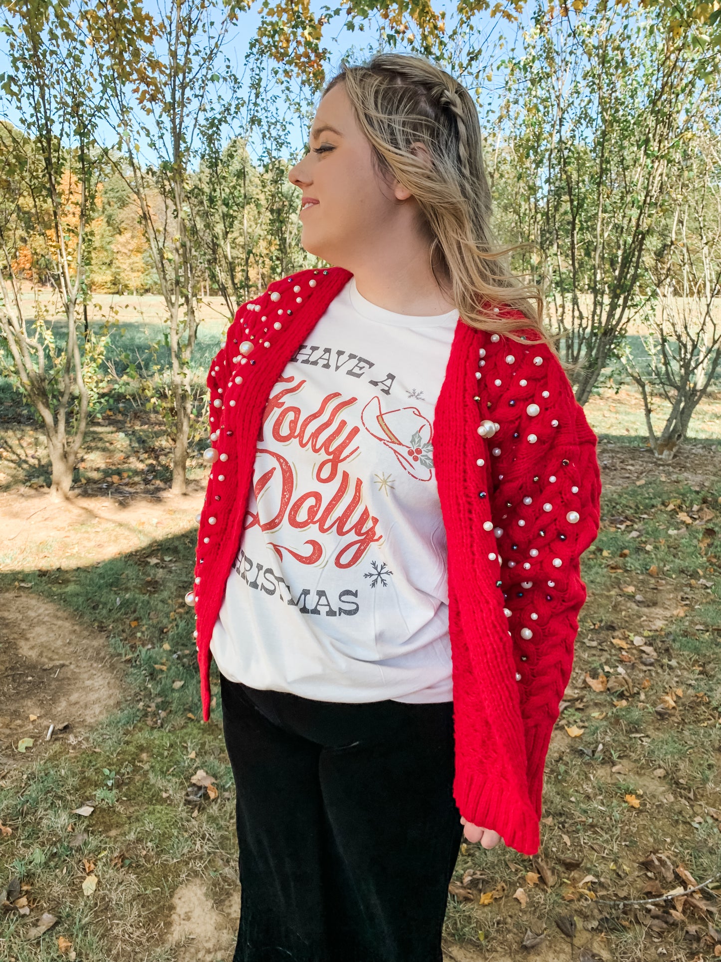 Red Knitted Cardigan With Multi-size Pearl Details