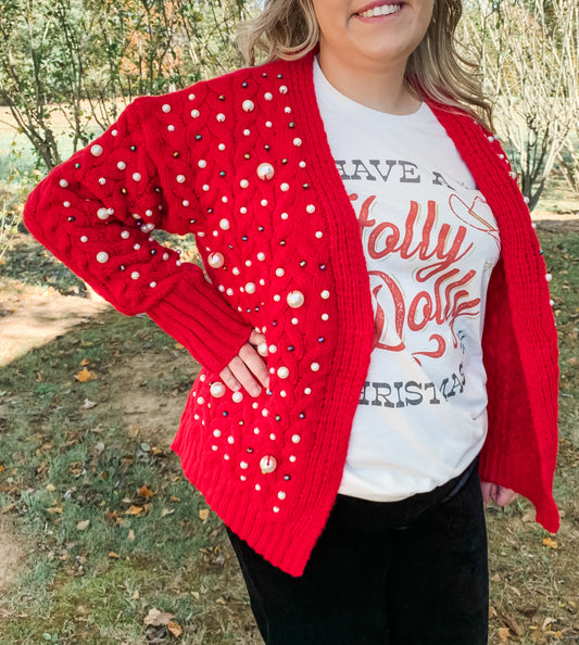 Red Knitted Cardigan With Multi-size Pearl Details