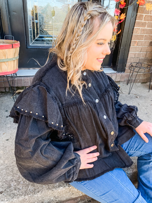 Black Button Shirt with Frayed Ruffle Sleeves