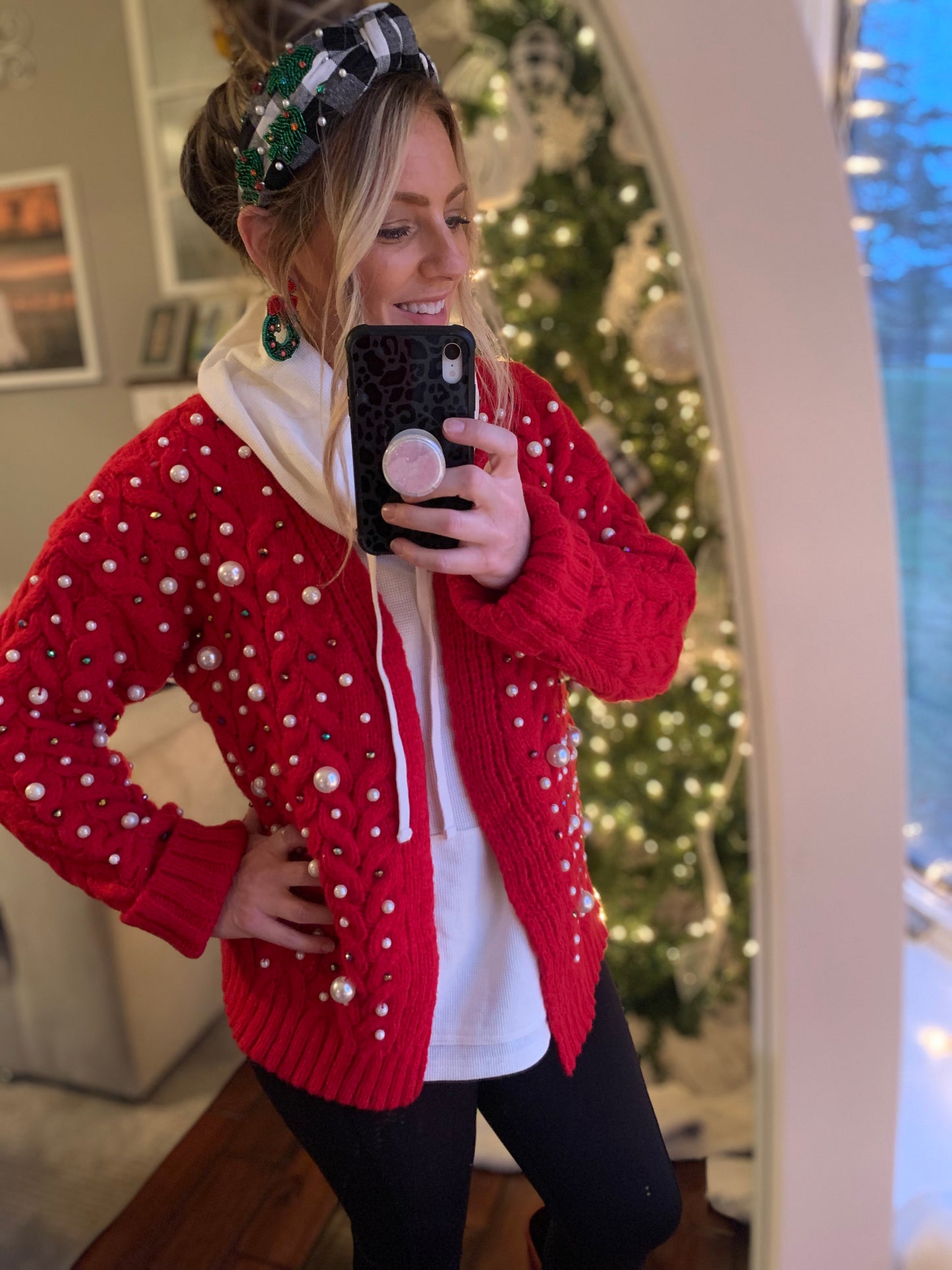 Red Knitted Cardigan With Multi-size Pearl Details