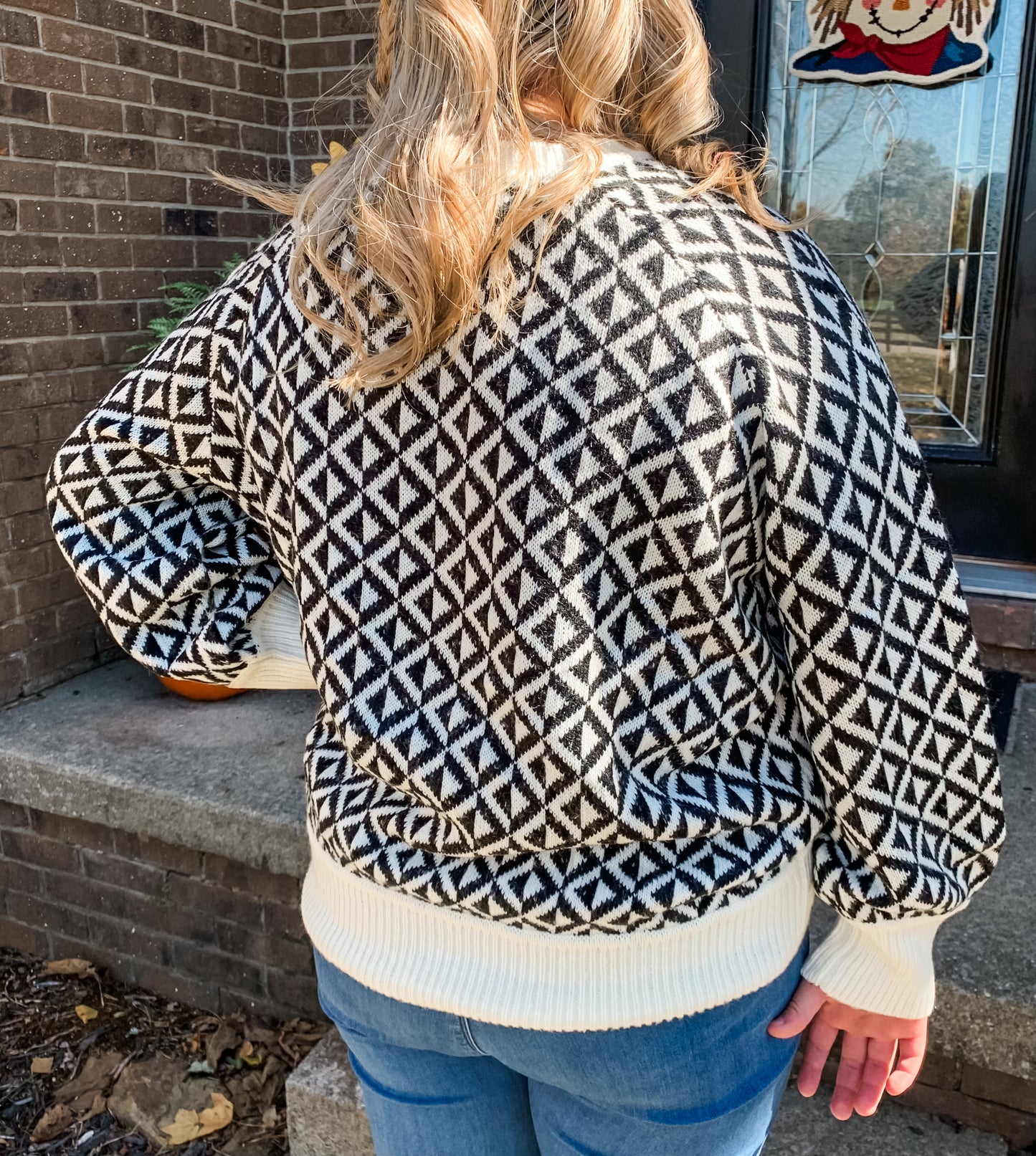 Black and White Pattern Sweater with Button Details