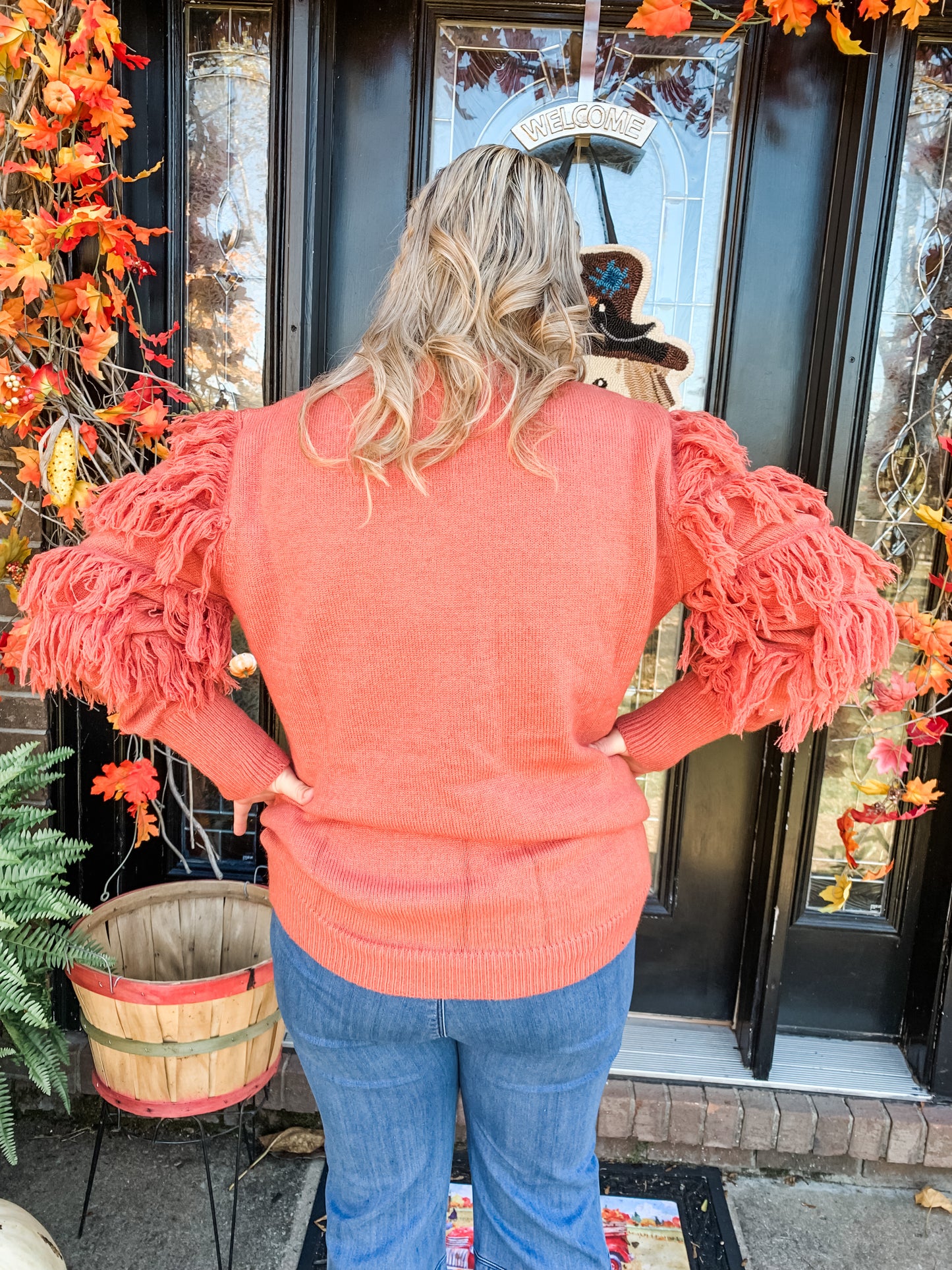 Fringe Sleeve Rust Sweater