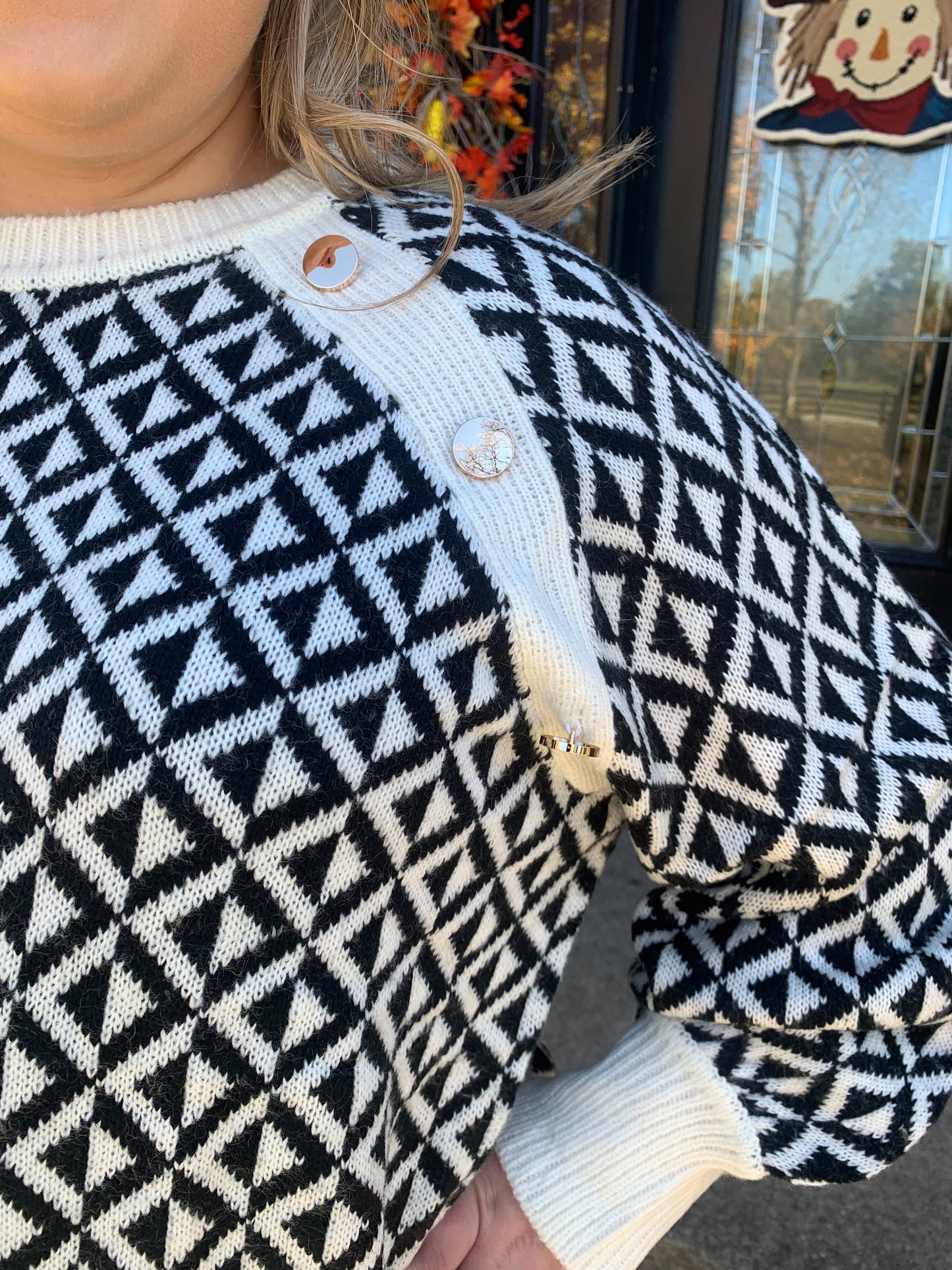 Black and White Pattern Sweater with Button Details