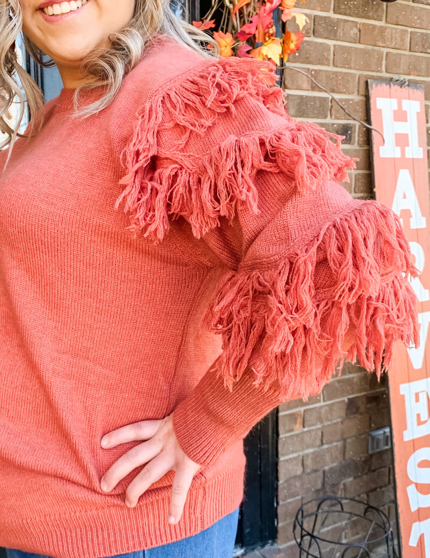 Fringe Sleeve Rust Sweater