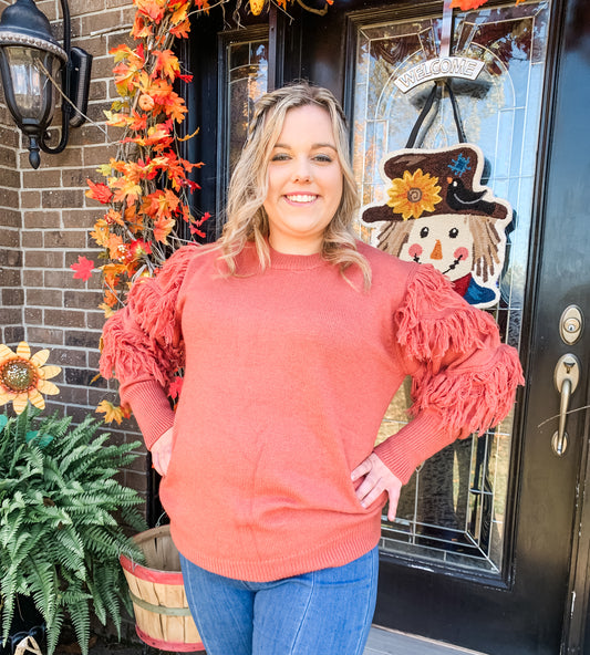 Fringe Sleeve Rust Sweater