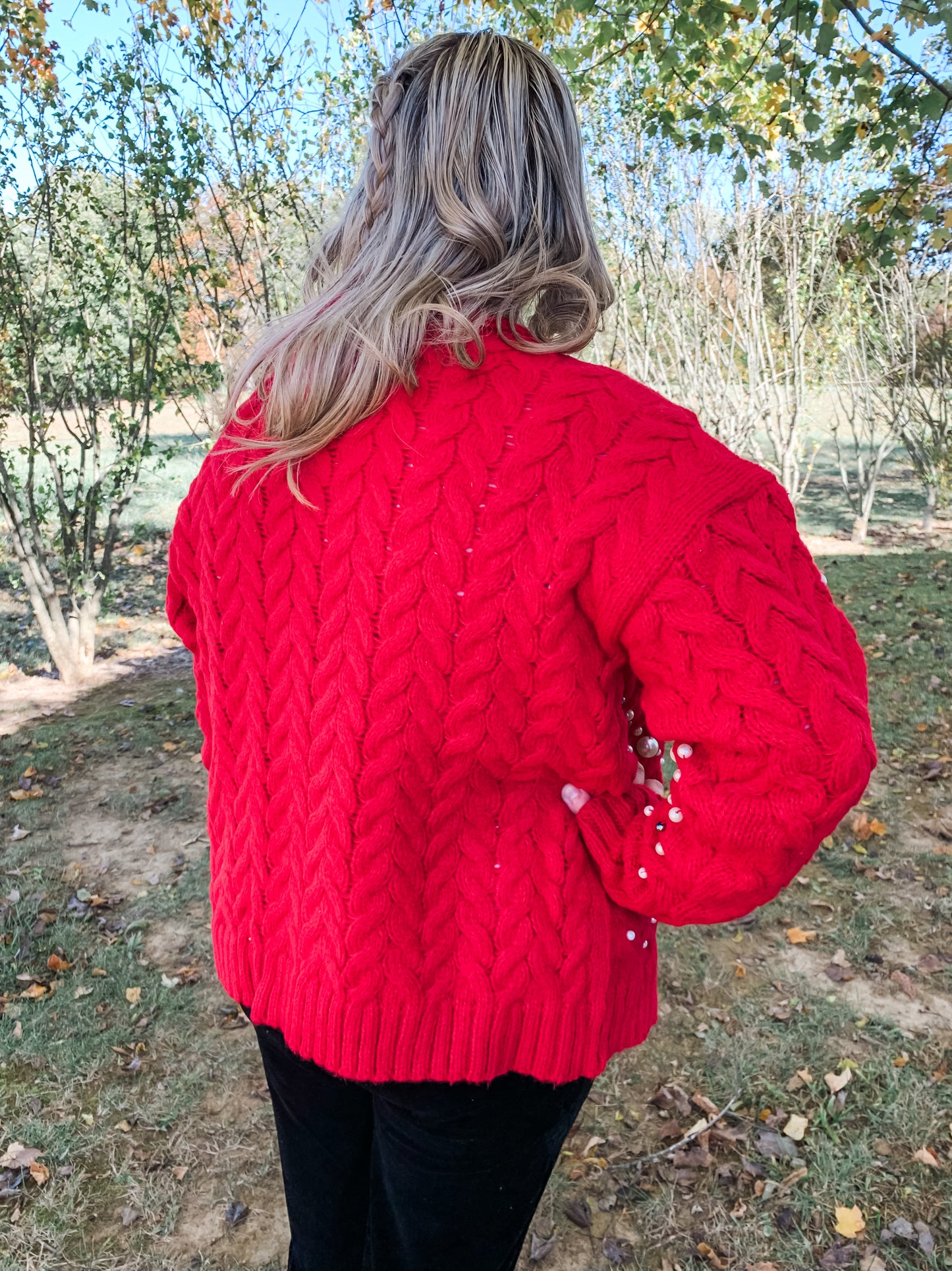 Red Knitted Cardigan With Multi-size Pearl Details