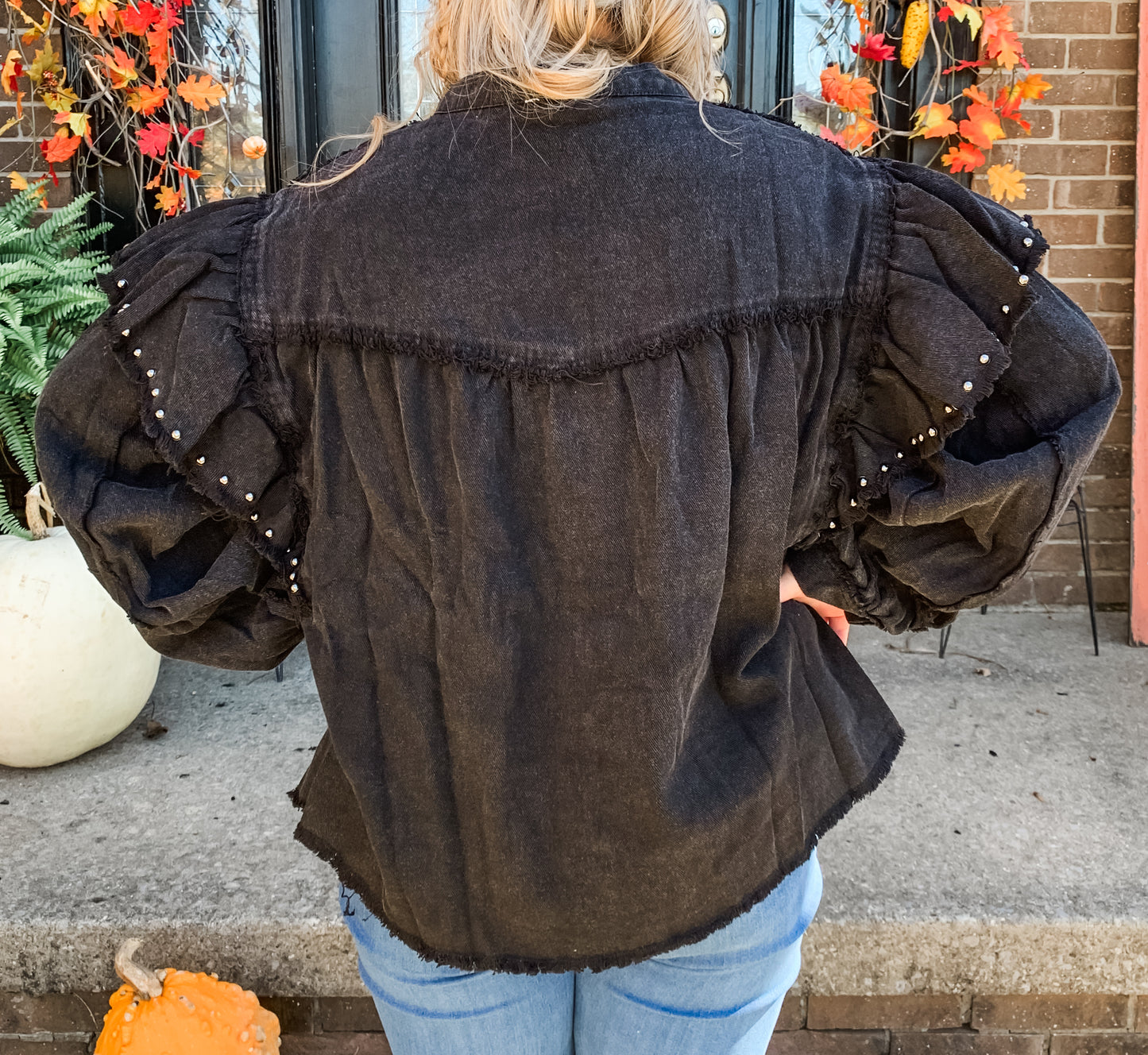 Black Button Shirt with Frayed Ruffle Sleeves