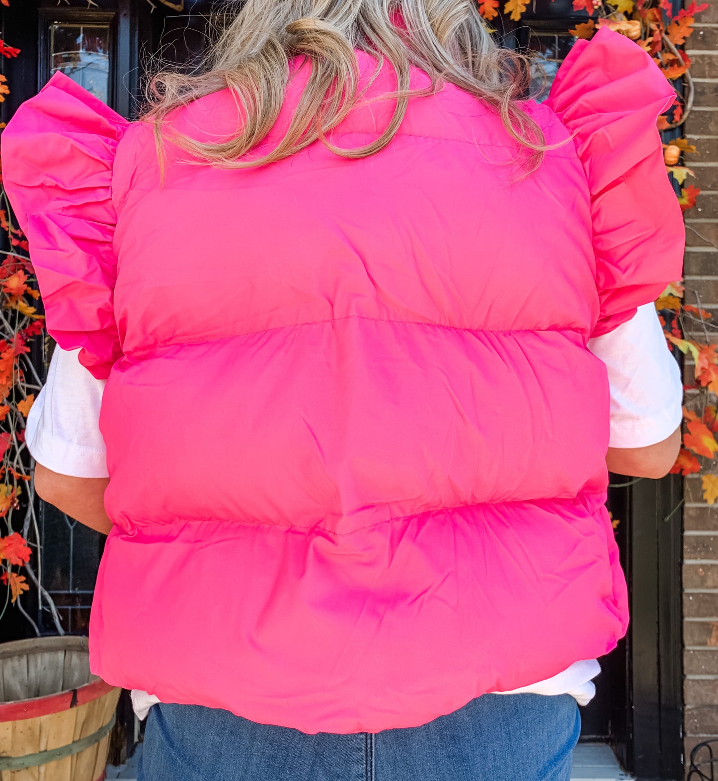 Hot Pink Ruffle Sleeve Puffer Vest