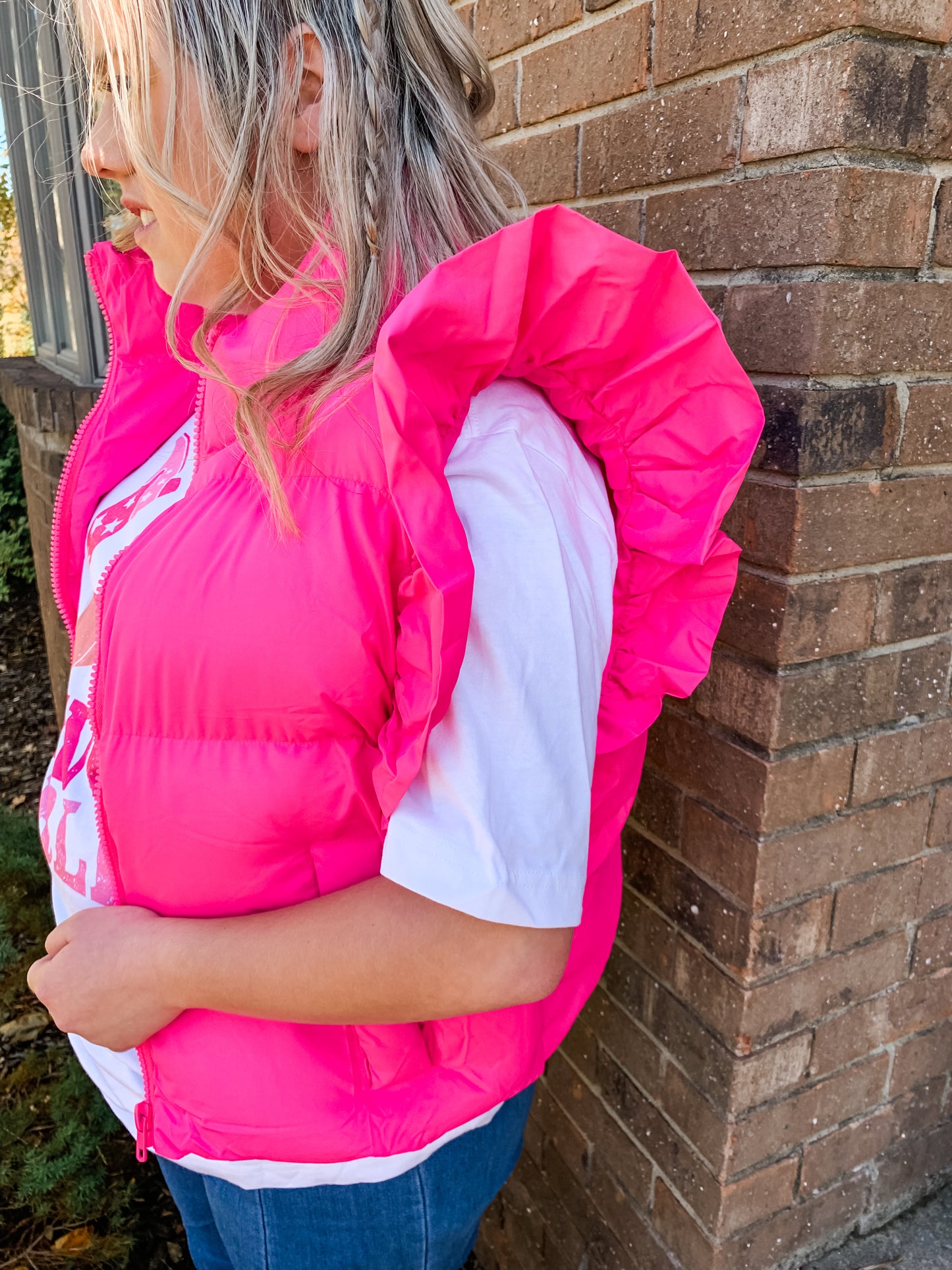 Hot Pink Ruffle Sleeve Puffer Vest